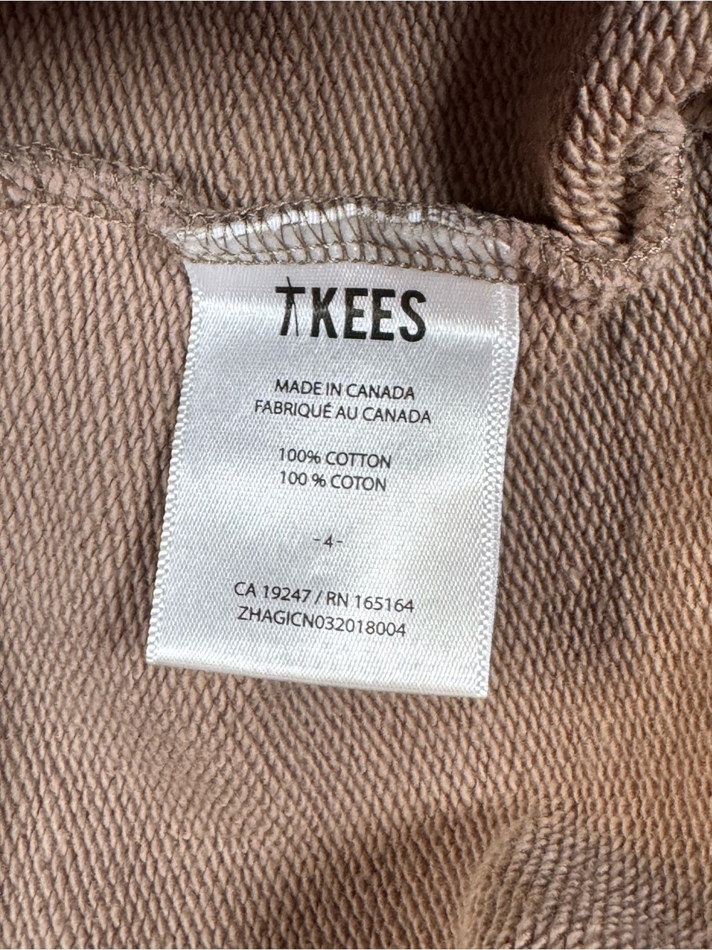 TKEES Raw Edge Wide Leg Pants Sand Cotton Terry Made Canada Size 4 XL - Picture 6 of 7